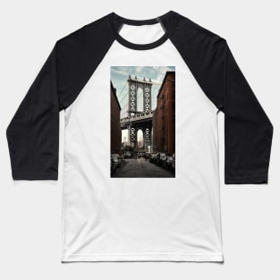 Famous view of the Manhattan Bridge from Washington Street in Dumbo, Brooklyn, New York City, USA Baseball T-Shirt